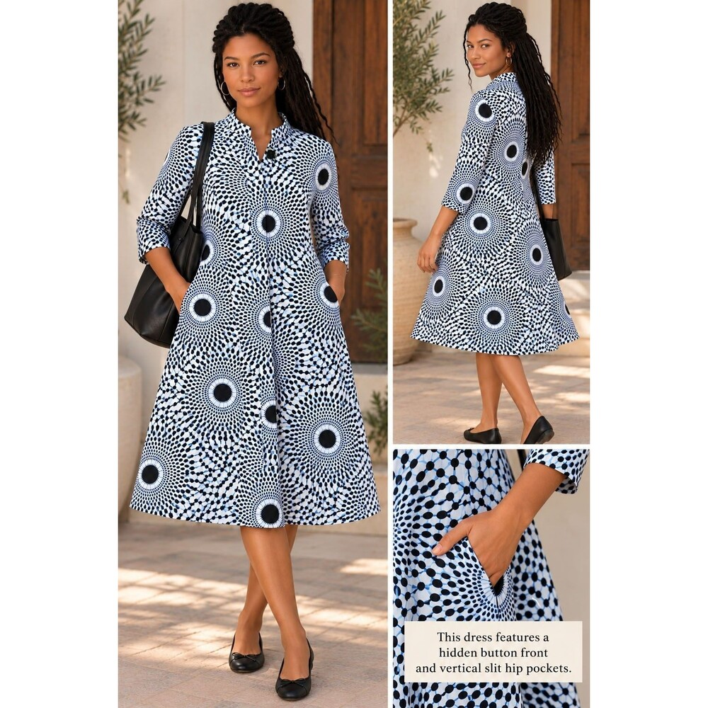 Zuri Kenya Shirt Dress Women's XS Swing A-Line Pockets Hidden Buttons Geometric